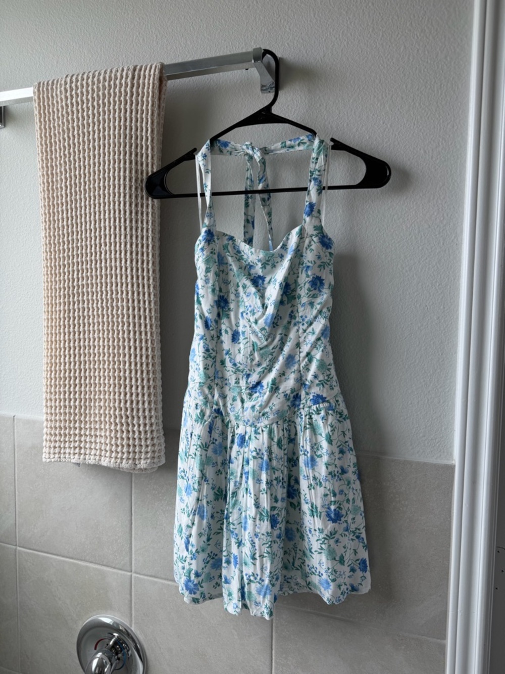 Hollister Drop Waist White Mini Dress with Blue & Green Floral Print